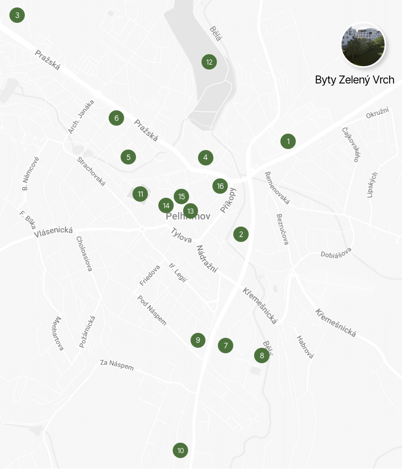 Mapa lokality Bytů Zelený Vrch Pelhřimov